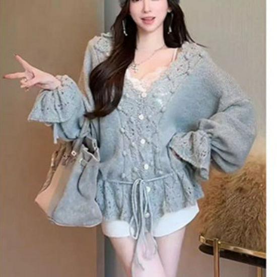 Korean Openwork Crochet Pompom V-Neck Knit Cardigan: Early Autumn Loose Drawstring Sweater