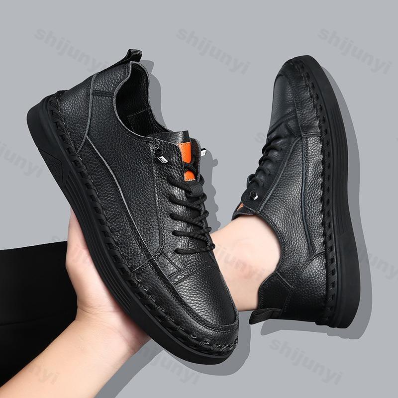 Men Cow Leather Casual Shoes 2025 Spring Autumn Comfortable Fashion Stitch Flat Skateboard Shoes Handmade Vulcanized Shoes