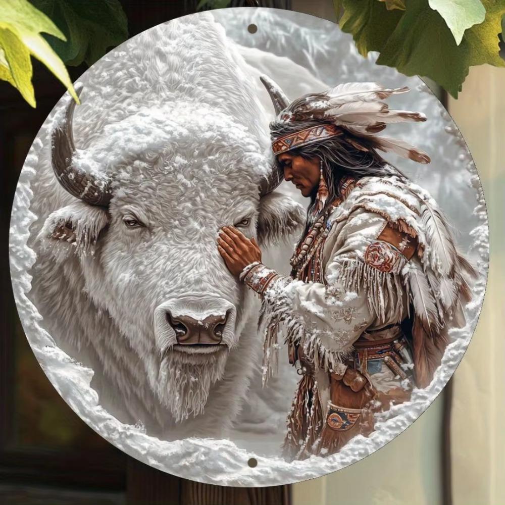 Round Aluminum Wall Art Sign, Vintage Buffalo & Native American Metal Plaque, Universal Holiday Theme