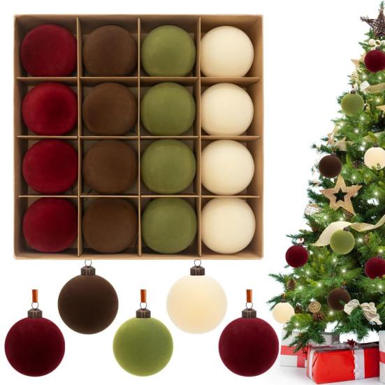 16Pcs Velvet Christmas Ornaments 6/8cm Flocked Ball Set Elegant Xmas Tree Decorations for Festive Atmosphere