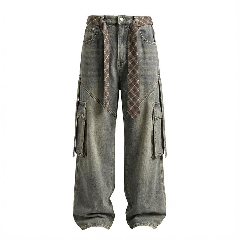 

Men s Vintage Washed Cargo Jeans Wide Leg Denim Pants with Plaid Belt & Side Pockets M синий