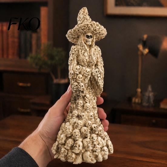 Decorative Witch Hat Skull Skeleton Resin Figurine, Halloween Gothic Statue, Spooky Yard Lawn Secret Room Props Fantasy Ornament for Desk,