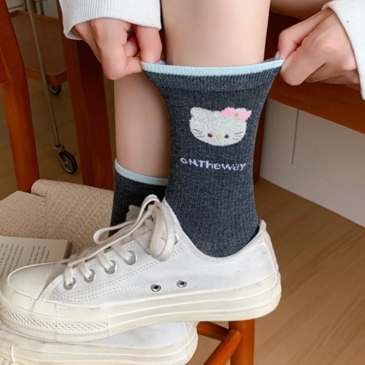 Cotton Cat Socks: Women's Mid-Calf, Spring/Autumn, Japanese & Korean Preppy Styles, Flocked Pile, Long Socks.