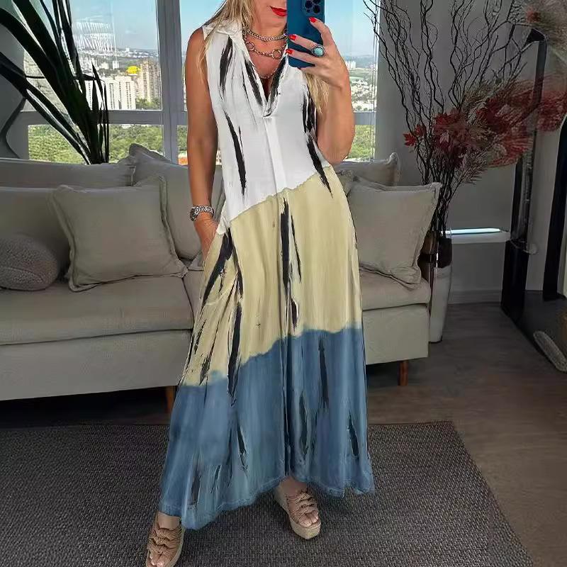 

Women s Summer Sleeveless V-neck Printed Long Skirt Loose Solid Color Stitching Color Casual Dress Suitable For Commuting And Vacation 4XL синій