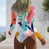 Women Plus Size Long Sleeve High Neck Half Zip Floral Print One Piece Swimsuit