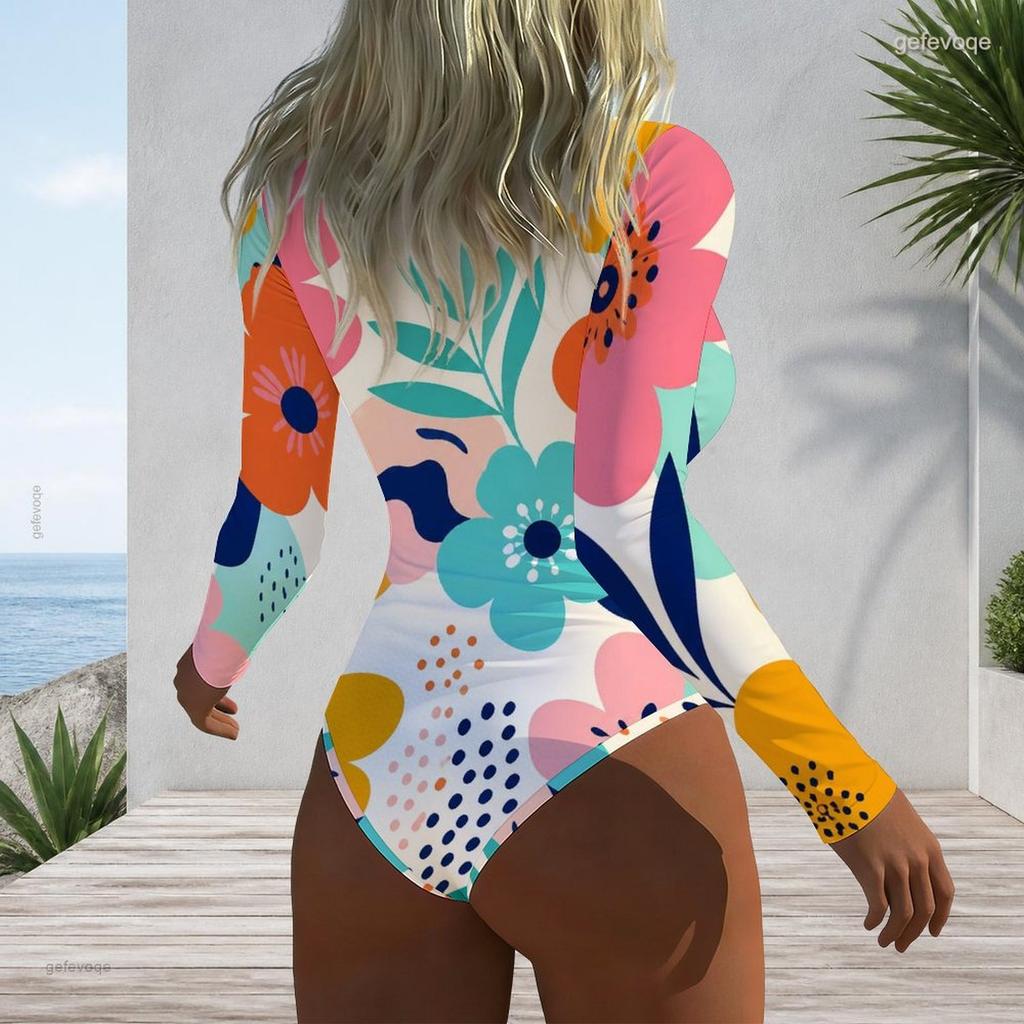 Women Plus Size Long Sleeve High Neck Half Zip Floral Print One Piece Swimsuit