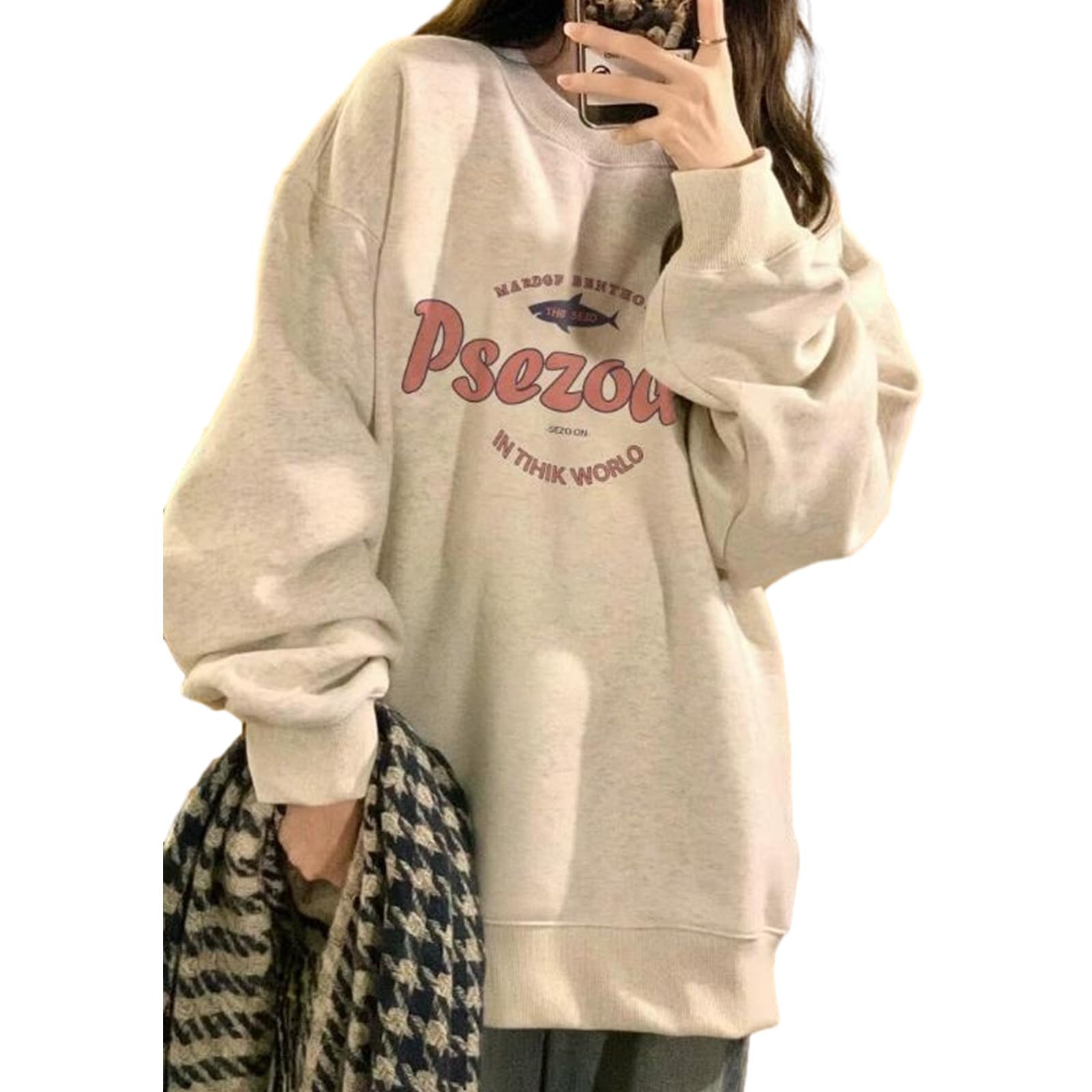 

ORWZDCO Long Round Loose Korean Long Sleeve Perfect for Going and Winter Women s Sweatshirt, Sleeve, Lightweight, Neck, Pullover, Print, Layering,