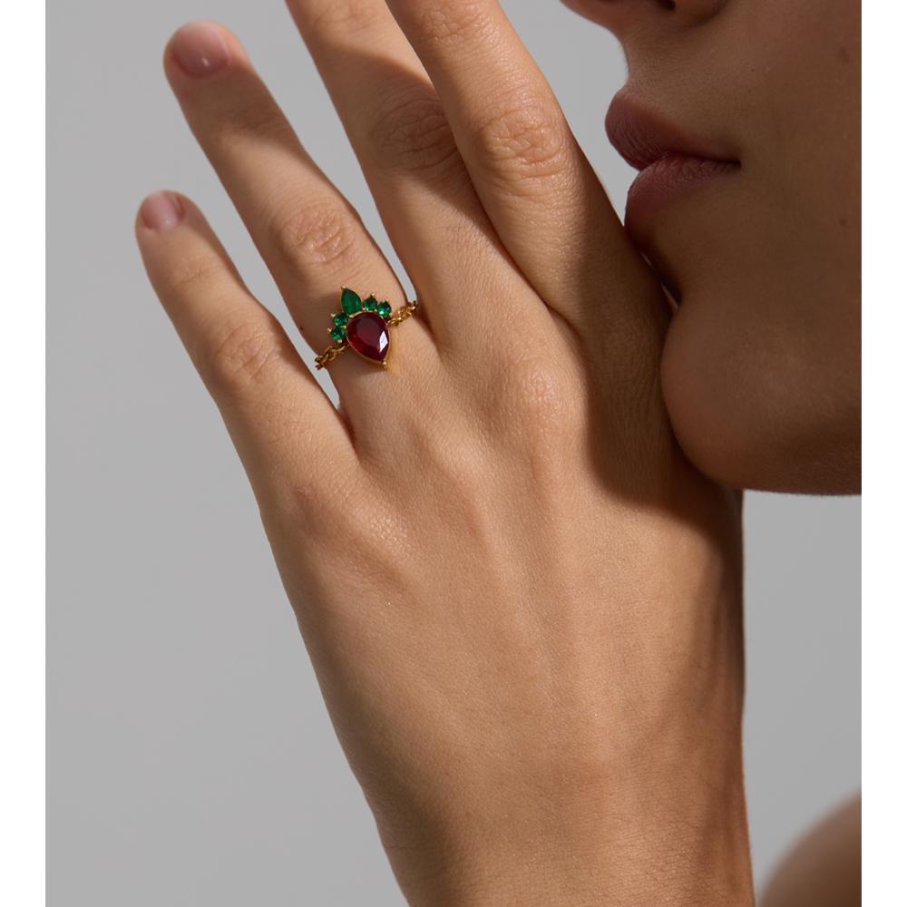 Yhpup Christmas Gift Shiny Cubic Zirconia Strawberry Adjustable Ring for Women Stainless Steel Delicate Fruit Finger Jewelry