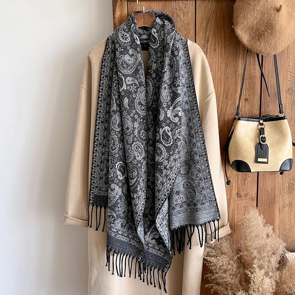 Modischer Warmer Kaschmirschal für den Winter - Damen-Fransen-Vintage-Blumen-Ölgemälde-Druck-Pashmina-Dicker Schal & Poncho