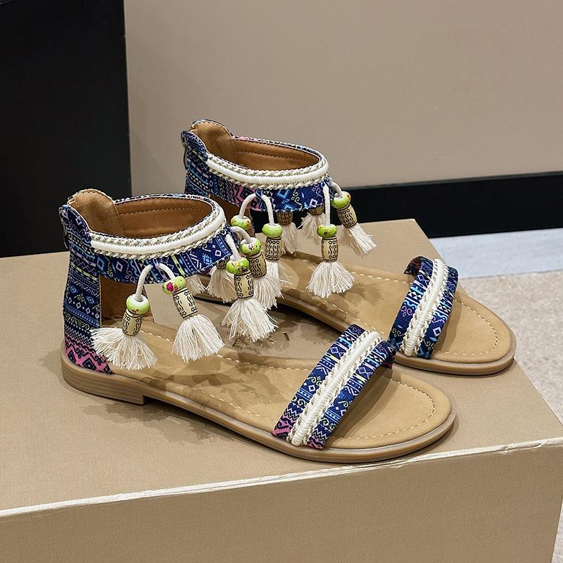 Women's Bohemian Sandals Summer Flats Female Casual Peep Toe Shoes Female Slip on Tassels Beach Comfort Sandalias for Women