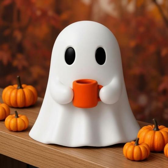 Halloween Home Decor Ghost Drinking Coffee Figurine, 3D Printed Cute White Holding A Mug Party Supplies Statue, Spooky Decoration for Bars, Counters,