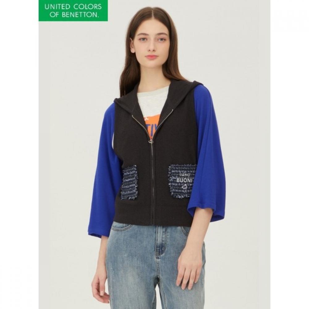 

Benetton Tweed Pocket Knit Hoodie Zip Up Bakv04341 BL/OS