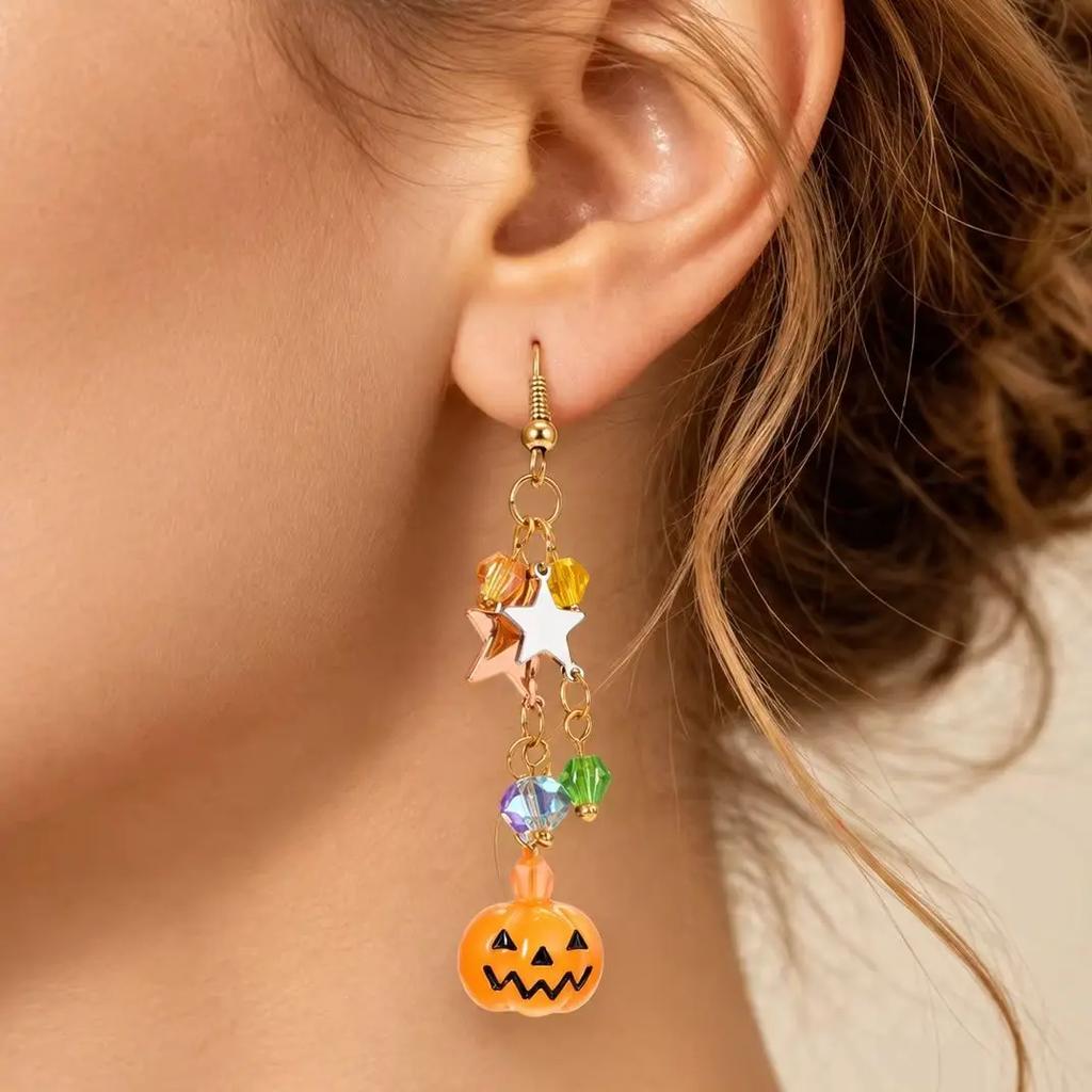 Cute Halloween Resin Pumpkin Ghost Star Dangle Earrings for Women Spooky Asymmetrical Charm Earrings Party Cosplay Jewelry Gift