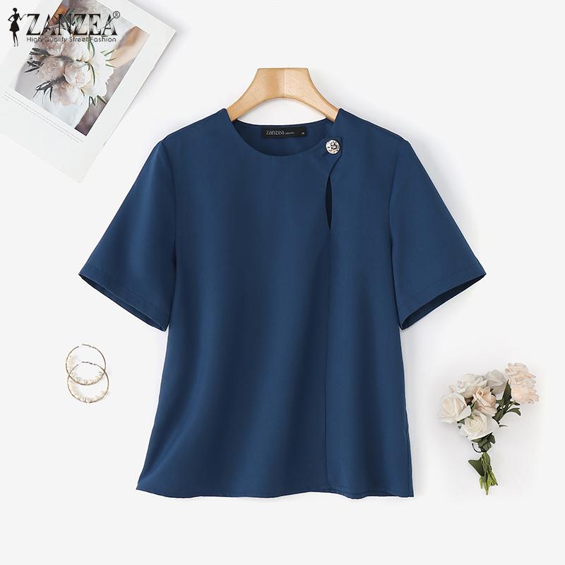 

ZANZEA Элегантная женская летняя блузка с круглым вырезом и коротким рукавом, однотонная, повседневная 5XL темно-синий