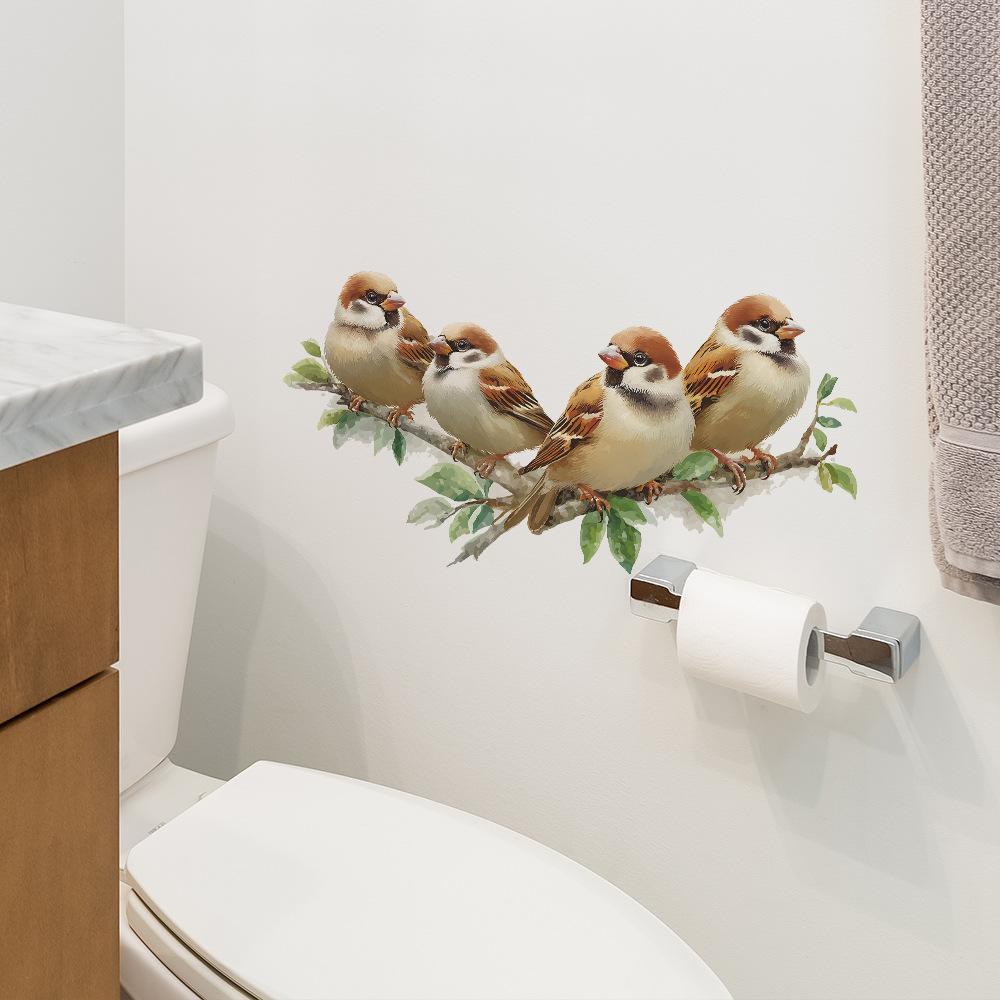 Cartoon Sparrow on a Branch Toilet Seat Sticker Bathroom Decor Removable Waterproof Decal