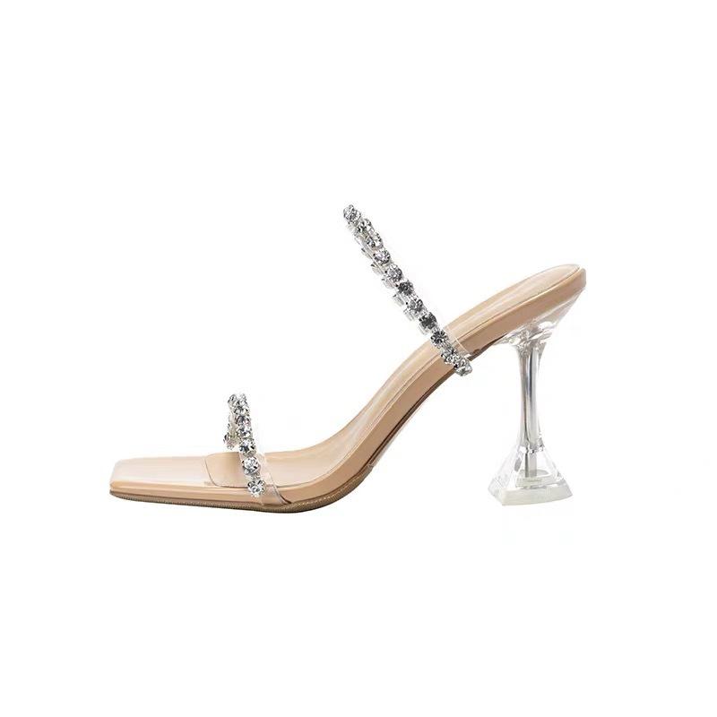 Transparent high heels women's summer 2025 new fashion Internet celebrity stiletto with cool slippers wear rhinestone sandals