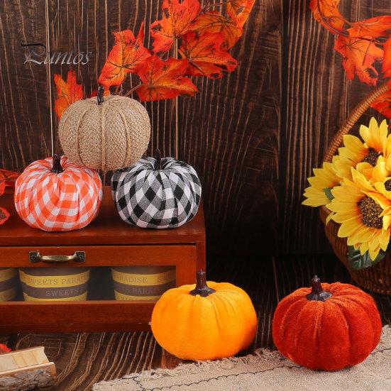 Burlap And Velvet Pumpkins 5 Pcs Fall Fabric Pumpkin Decor, Thanksgiving Farmhouse Stuffed Plaid Decoration, Harvest Small Faux for Home Table
