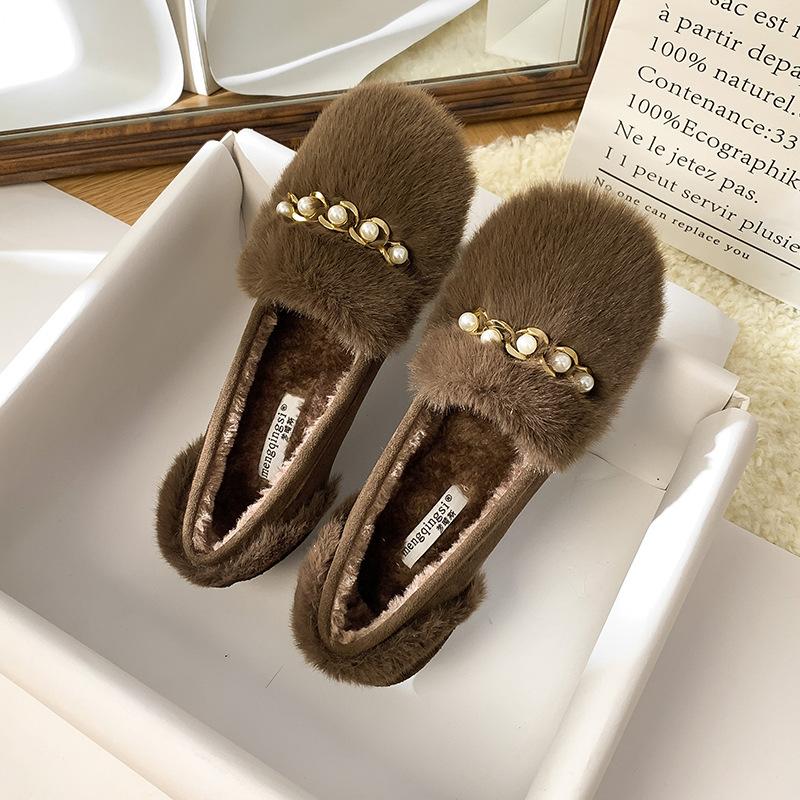 

Пушистые туфли на толстой подошве для беременных женщин на осень и зиму 2025 года, надевающиеся как тапочки, туфли-бини, бархатные одинарные туфли, ленивые хлопковые женские 43 хаки