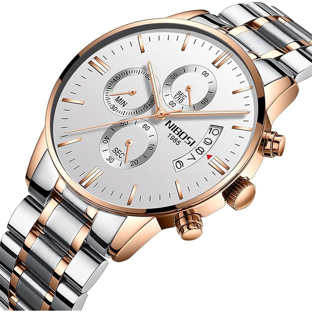 NIBOSI Men's Big Face Chronograph Analog Watch Stainless Steel Casual Date Display