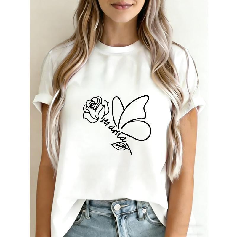 

White T Shirt Rose And Butterfly Mama Print Casual Summer Top For Women XXXXL білий