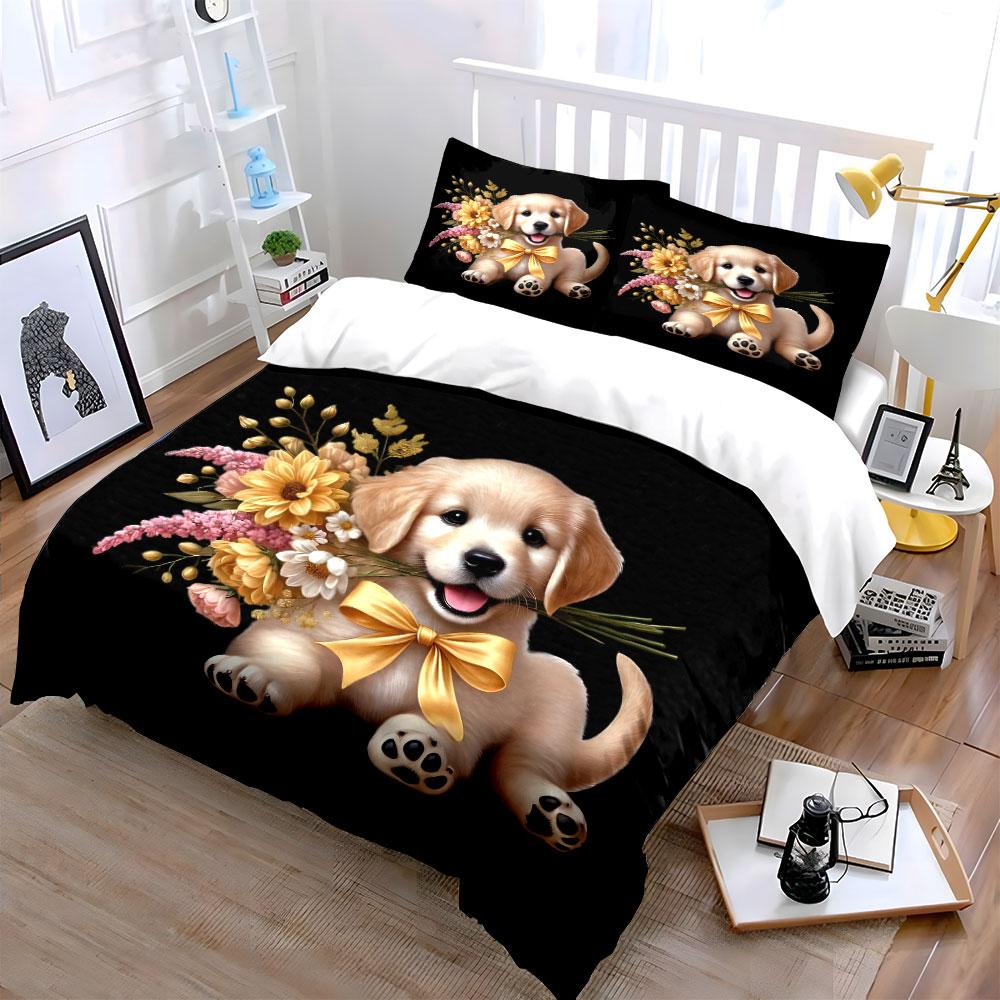 "Adorable Puppy Floral Gift Set" Exquisite Three-piece Bedding Set Gift for Kids and Adults