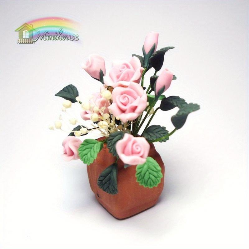 1/12 Mini Clay Rose Potted Plant Miniature Simulation Flower Accessories Model for House Decoration Micro Landscape