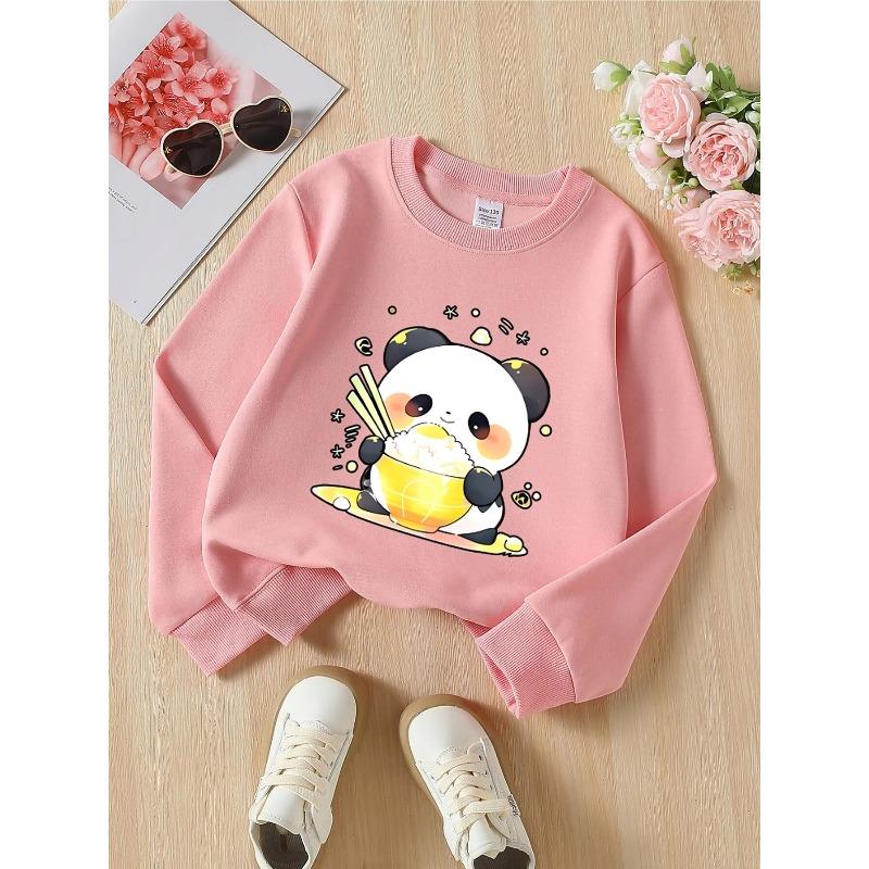 European Sizes Kids' Crewneck Sweatshirt - Cute Panda Eating Rice Bowl , Sportswear And Casual Wear, Soft And Comfortable