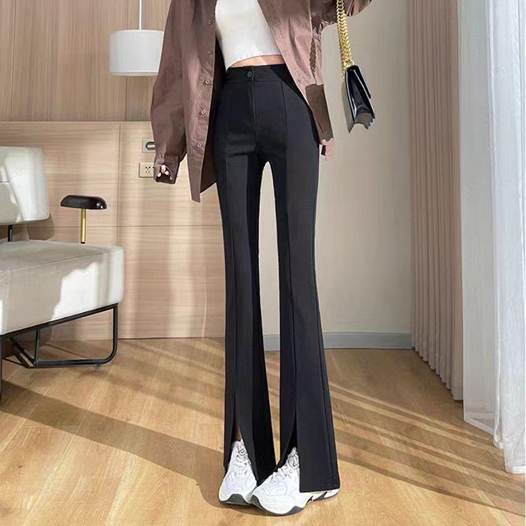 Women's Flared High Waist Bell Bottom Trousers - Casual, Loose, Wide Leg with Spring/Autumn Slit Drape.