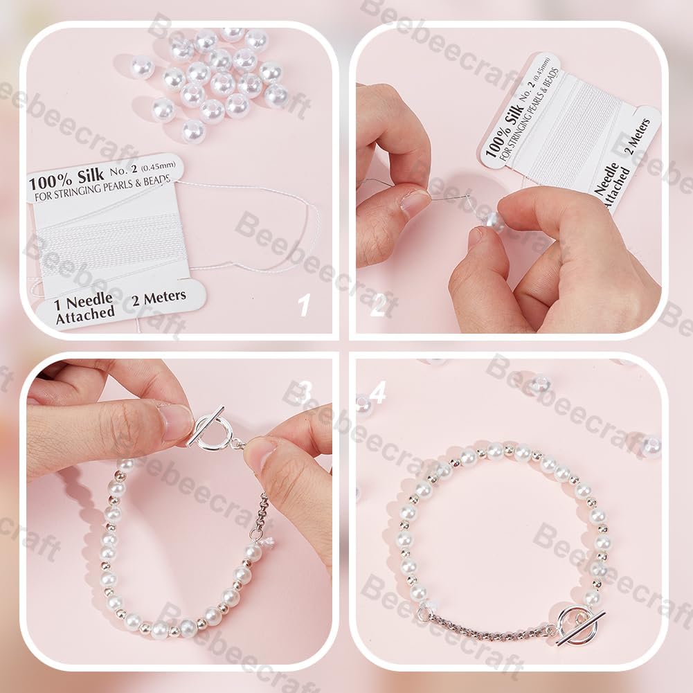 Beebeecraft 5Pcs 2.19 Yards Real Silk Cord White Basic Elements Natural Pure Silks Perlseide Stringing Beading Thread Cords for Knotting Pearls