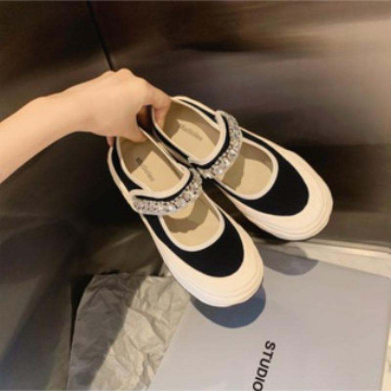 Sheepskin version dissolved shoes rhinestone word with Velcro big shallow mouth Mary Jane half drag canvas shoes women