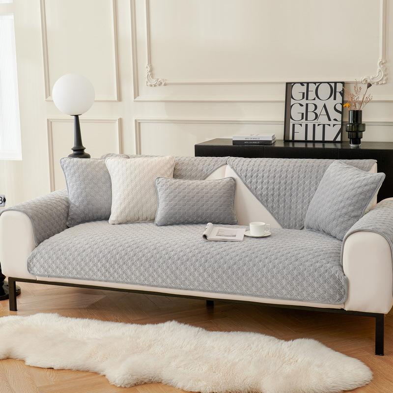Solid Color Thousand Bird Grid Sofa Cover Thicken Plush Sofa Cover Slip Resistant Couch Cover Sofa Towel for Living Room Decor