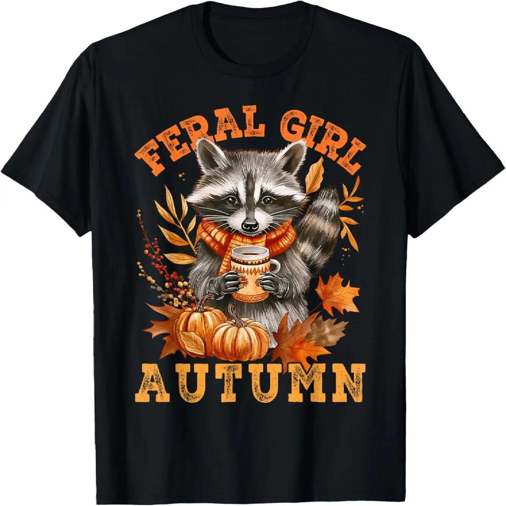 Feral Girl Autumn Fall Pumpkin Spice Coffee Funny Raccoon T-Shirt