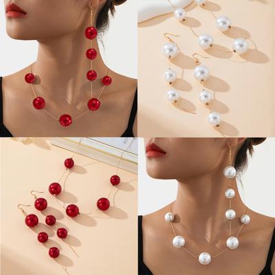 1 Set Rode Kralen Oorbellen, Ketting, High-end Franjes Lange Sieraden Temperament, Franse High-end Sensatie