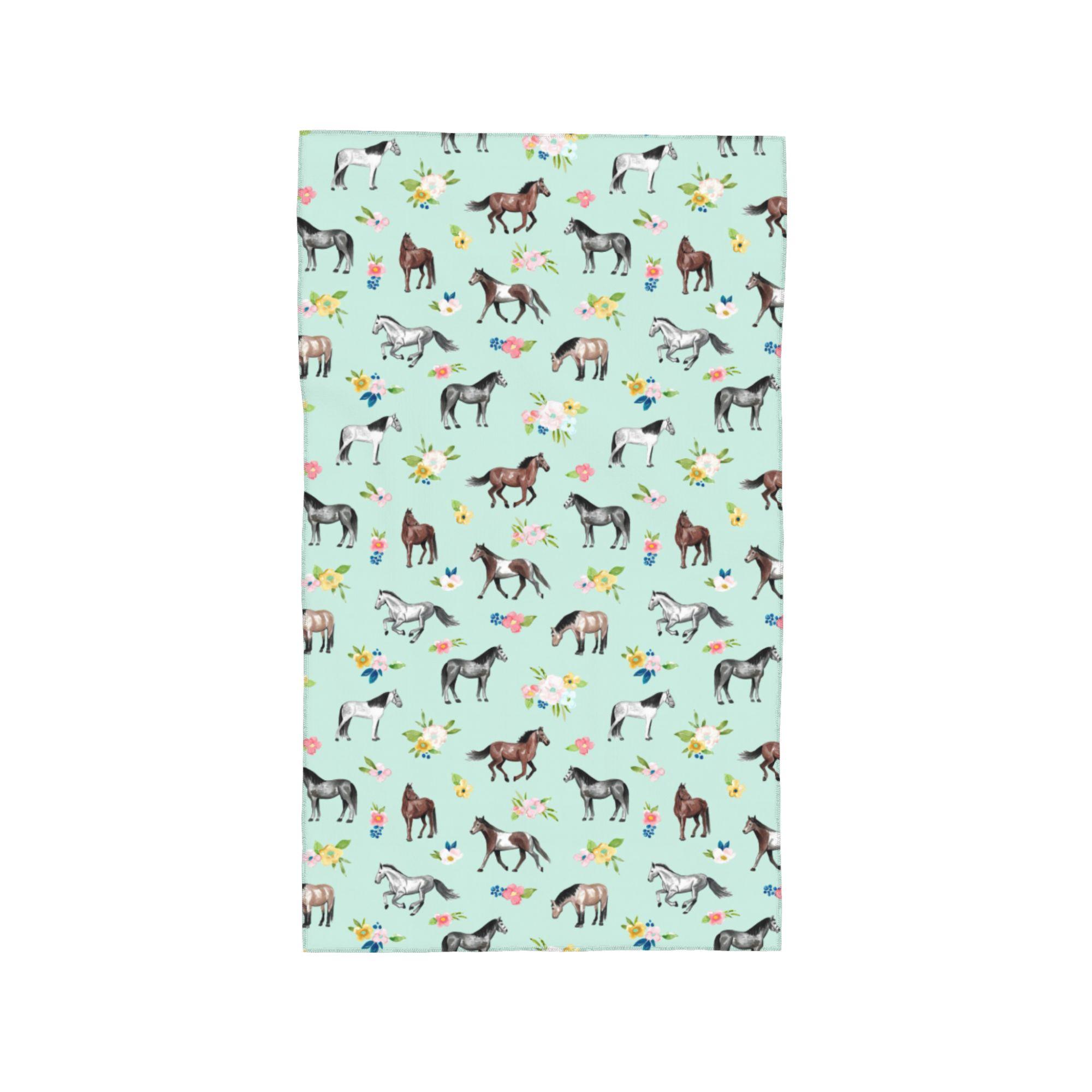 

Horses and Flowers, Mint Blue, Horse Art Soft Face Towel Quick Dry Pool Bath Cotton Towels Breathable W30*H60(CM)
