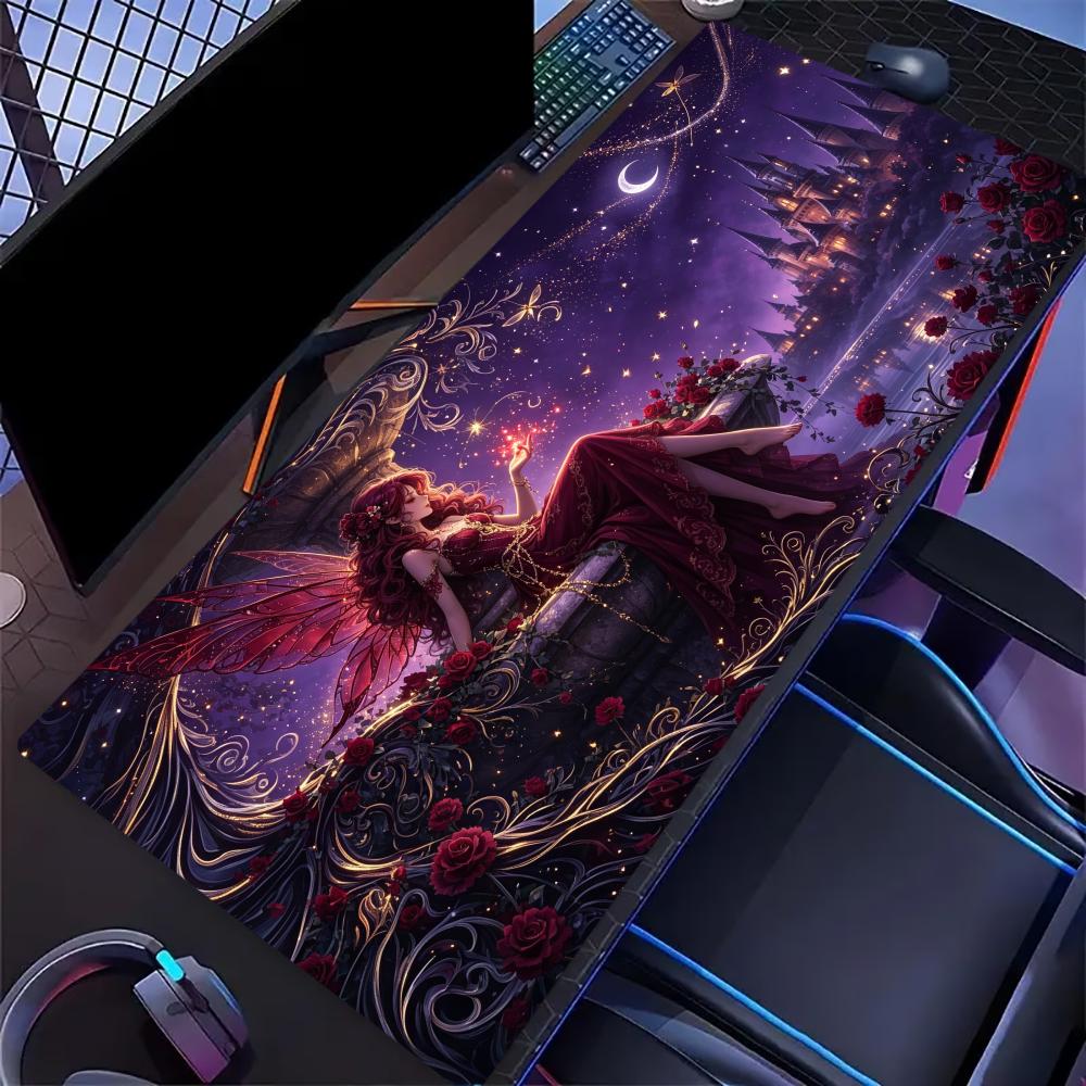 Magical Moonlight Fairy Art Print Gaming Mouse Pad Large Desk Mat Antislip Rubber Base Stitched Edge Keyboard Mat For Office