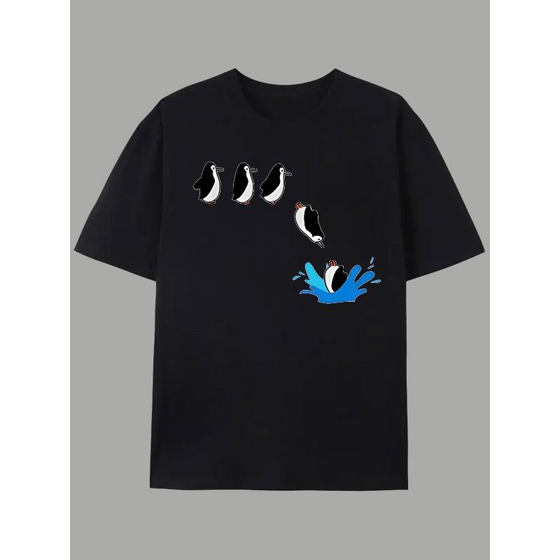 

European sizes Men s T-Shirt Penguin Diving Print Graffiti Letter Print Short Sleeve T-Shirt, High Street Couple s Top 4XL чорний