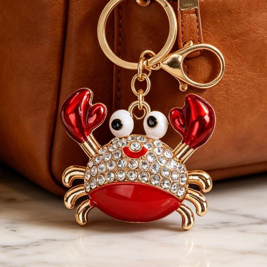 Keychain Pendant Sparkling Rhinestones Inlaid Crab Design Key Holder with Lobster Clasp Lightweight Car Bag Accessory