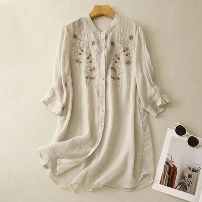 Damen Sommer Mittellanges 3/4-Ärmel Sonnenschutzhemd: Lockere chinesische Stickbluse