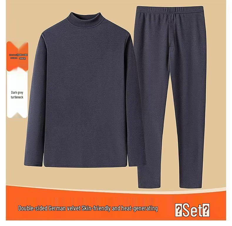 Men's Korean Fleece Set: Long Sleeve, Long Pants, High Neck, Double-Sided, Warm Base Layer for Autumn and Winter