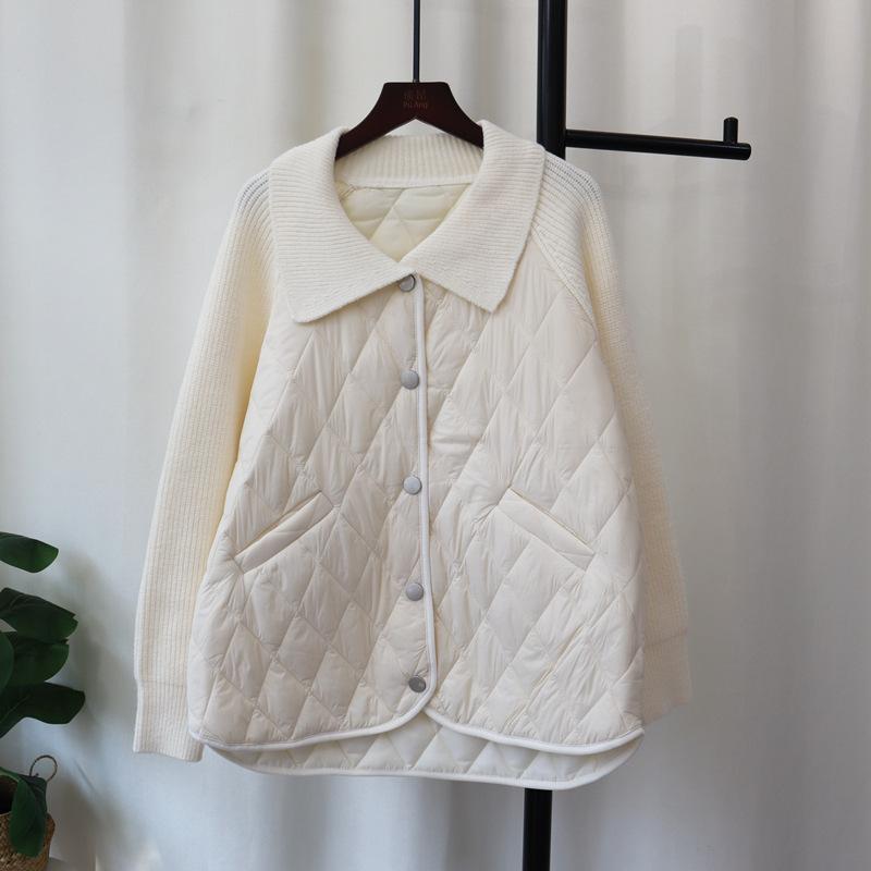 Lapel splicing cotton sweater jacket autumn and winter new casual loose and versatile design knitted cardigan women