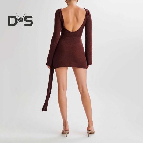 Rochie Mini Bodycon Sexy pentru Femei Mânecă Lungă Decolteu Crew Gât Rochie Slim Fără Spate Rochie Formală de Seară Rochie de Petrecere Club