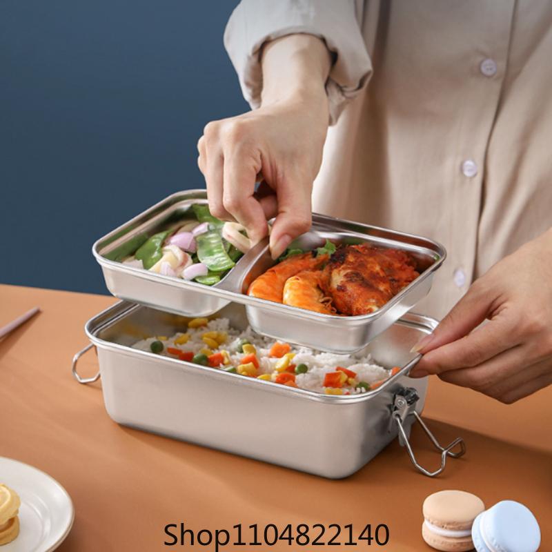 304 thick stainless steel double-layer sealed lunch box, office worker student lunch box, steamed rice compartment lunch box