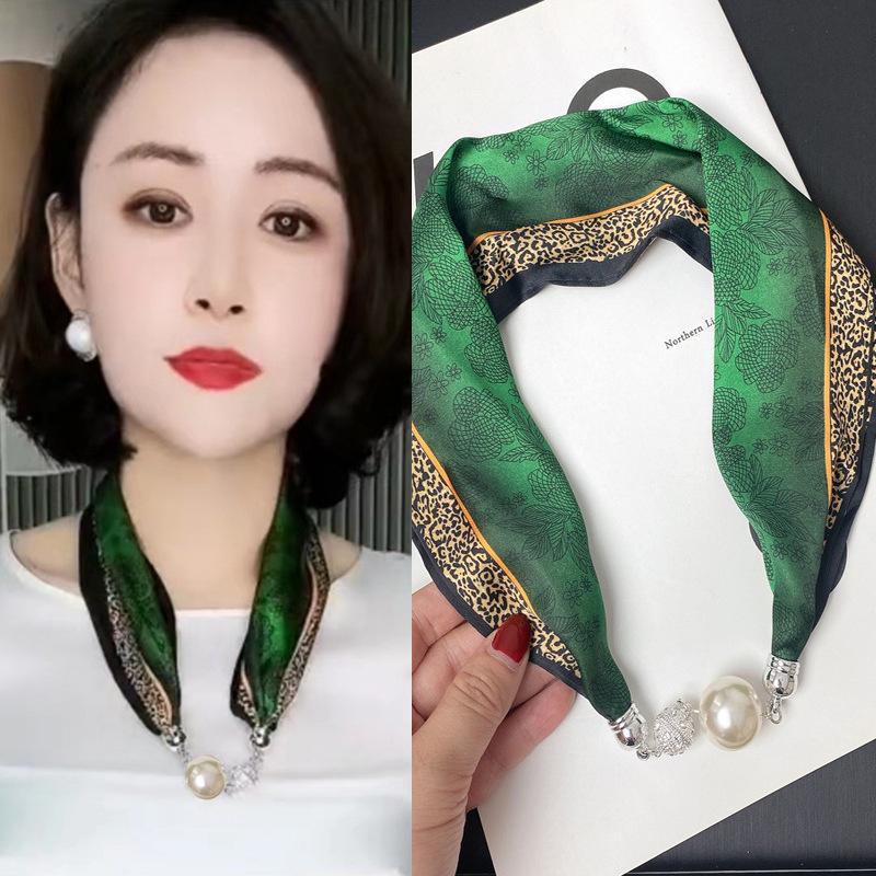 New Luxury Design Magnetic Pearls Button Silk Scarf Women Summer Neck Ornament Silk Scarves Lady Shirt Sunscreen Decoration Gift