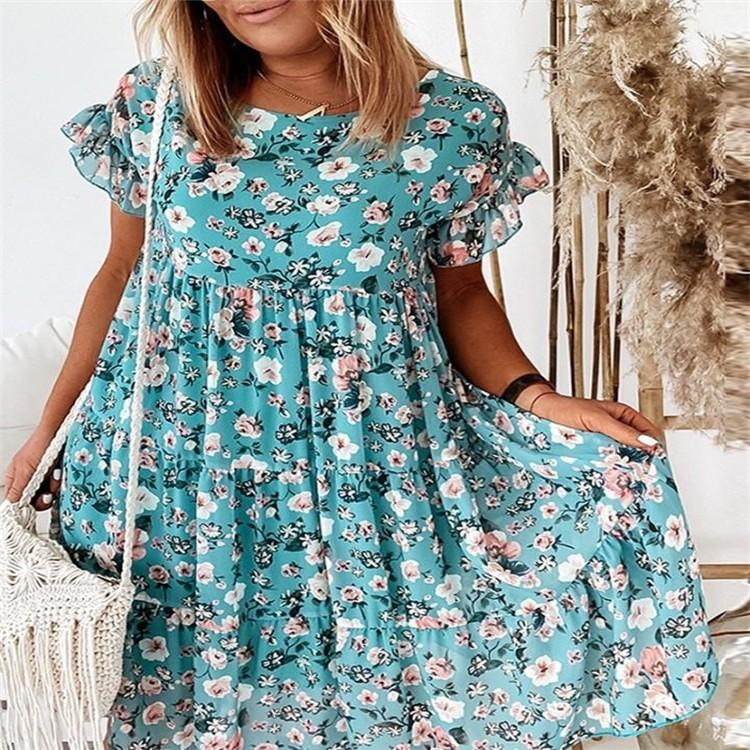 

Women s Round Neck Floral Print Short Sleeve Loose Dress XXXL чёрный