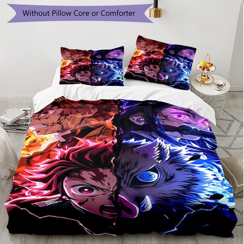 3pcs Duvet Cover Set (1*Duvet Cover + 2*Pillowcase, Without Core), Demon Slayer Print Soft All‑Season Bedding Set, Home Bedroom Decor Gift