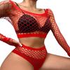 Red Sexy Fishnet Lingerie For Women Sleepwear Long Sleeve Off Shoulder Bras & Short Sets Sensual Pijama Mujer Erotic Pajamas Set