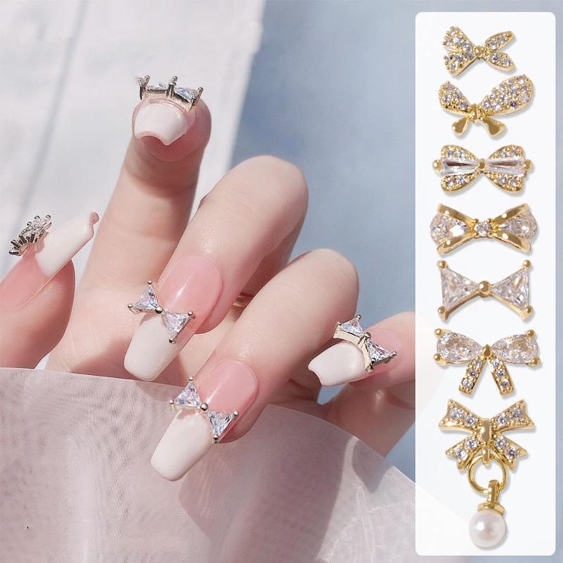 3D Bows Nail Art Charms Rhinestones Bows Charms Pearl Bowknot Nail Accessory 3D Alloy Nail Art Decoration for Women Girl