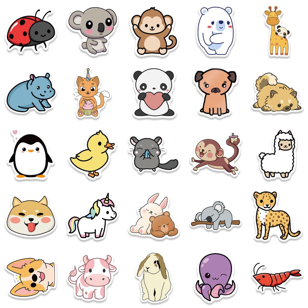 50 Cute Cartoon Animals Set Stickers Personalized Decorative Suitcase Notebook Waterproof and Removable Without Repeating Stickers