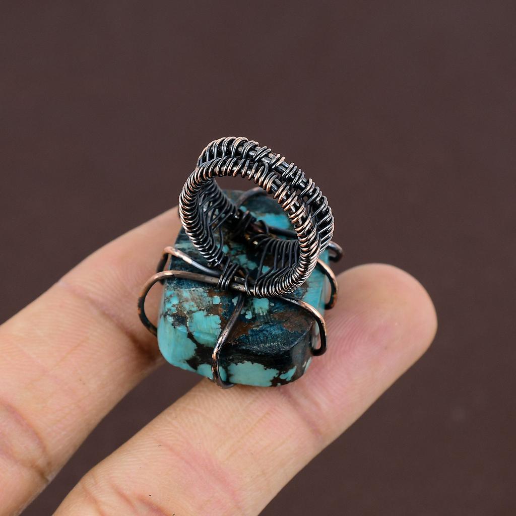 Natural Tibetan Turquoise Gemstone Handmade Copper Wire Wrap Ring Size 6 n1E69