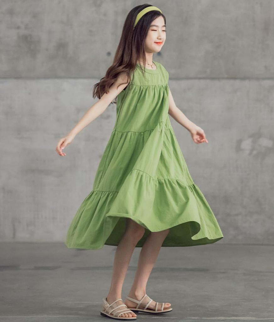 Yuwan Summer Sleeveless Long Maxi Dress with Tiered Summer Dress for Elementary School Stylish Korean Size 130 Kids' Dress, Dress, Girls' Skirt,